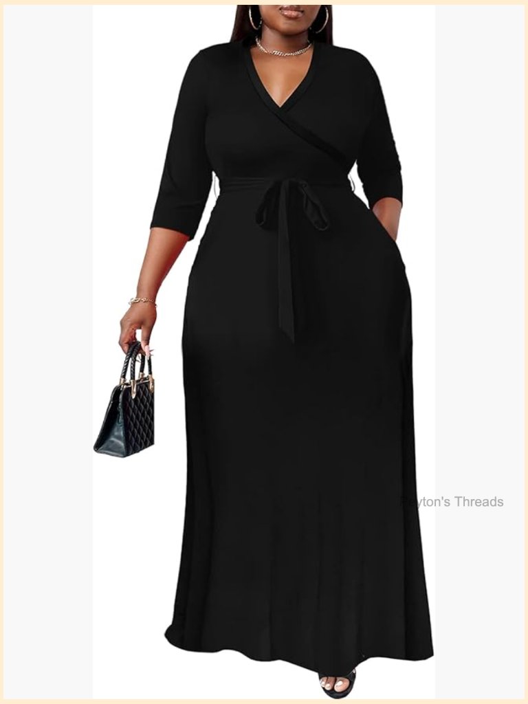 Plus Size Maxi Dress 3/4 Sleeve Flowy Wrap Dress With Belt
